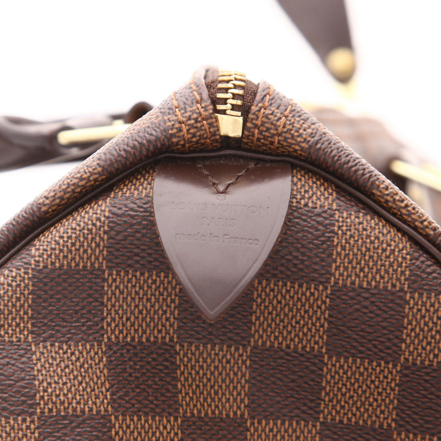 Bolso Louis Vuitton Speedy 30 de lona Damier Ébène y piel marrón - Detail D2