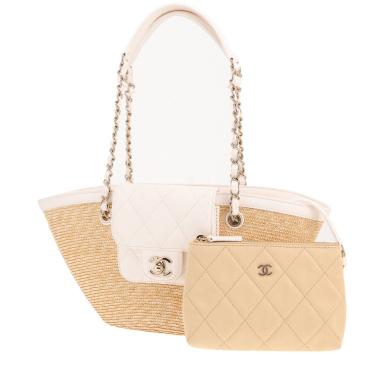 Sac cabas Chanel   petit modèle  en raffia et cuir blanc