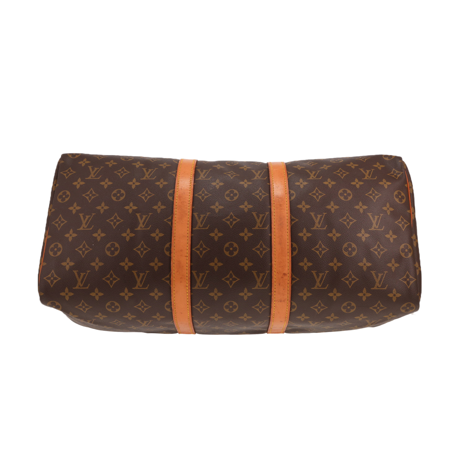 Bolsa de viaje Louis Vuitton Keepall 50 de lona Monogram marrón y piel natural - Detail D1