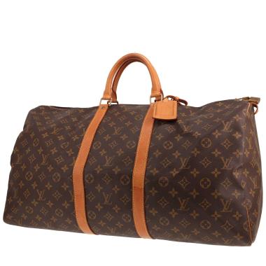 Bolsa de viaje Louis Vuitton Keepall 55 de lona Monogram marrón y piel natural