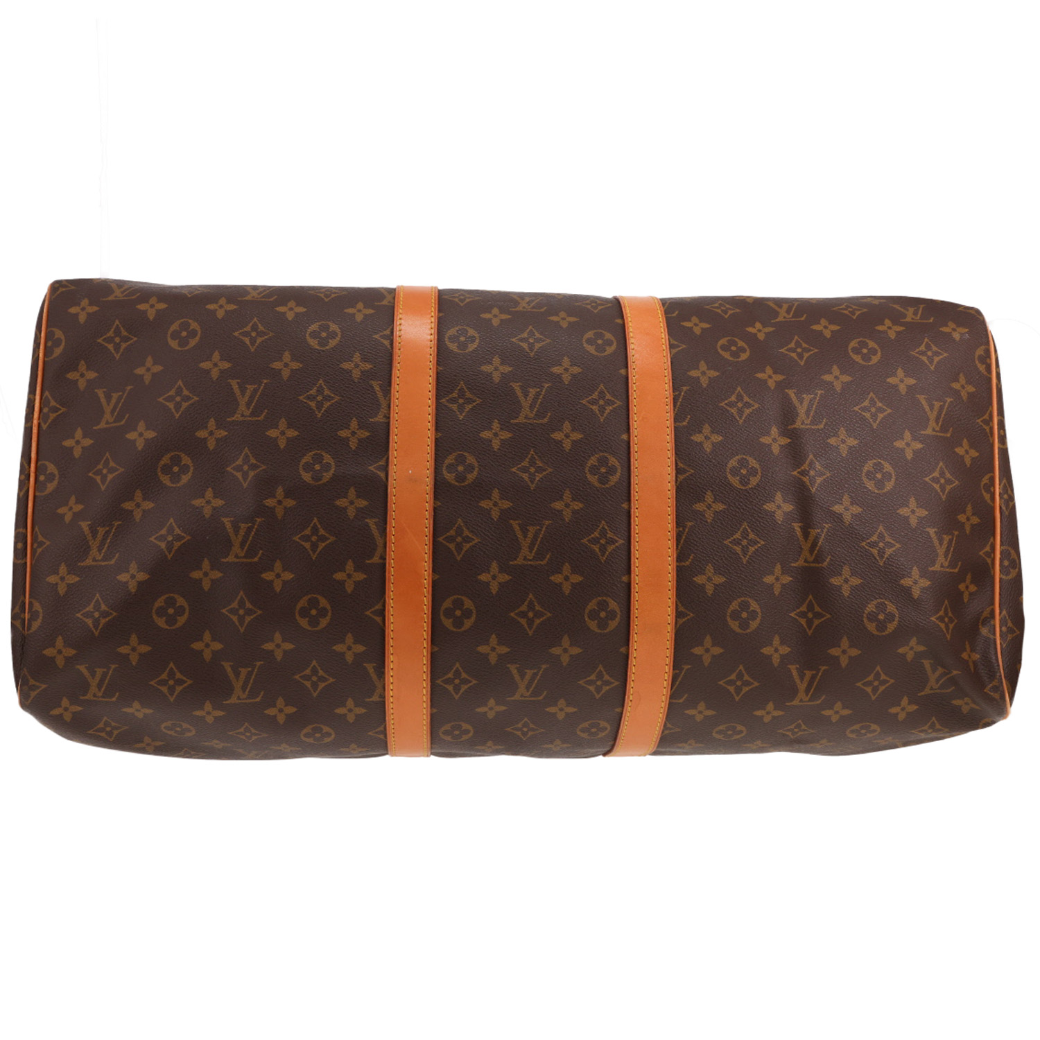 Bolsa de viaje Louis Vuitton Keepall 55 de lona Monogram marrón y piel natural - Detail D1