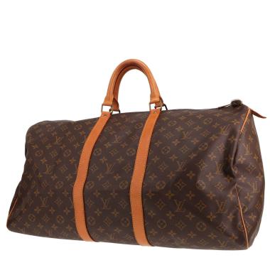 Bolsa de viaje Louis Vuitton Keepall 55 de lona Monogram marrón y piel natural