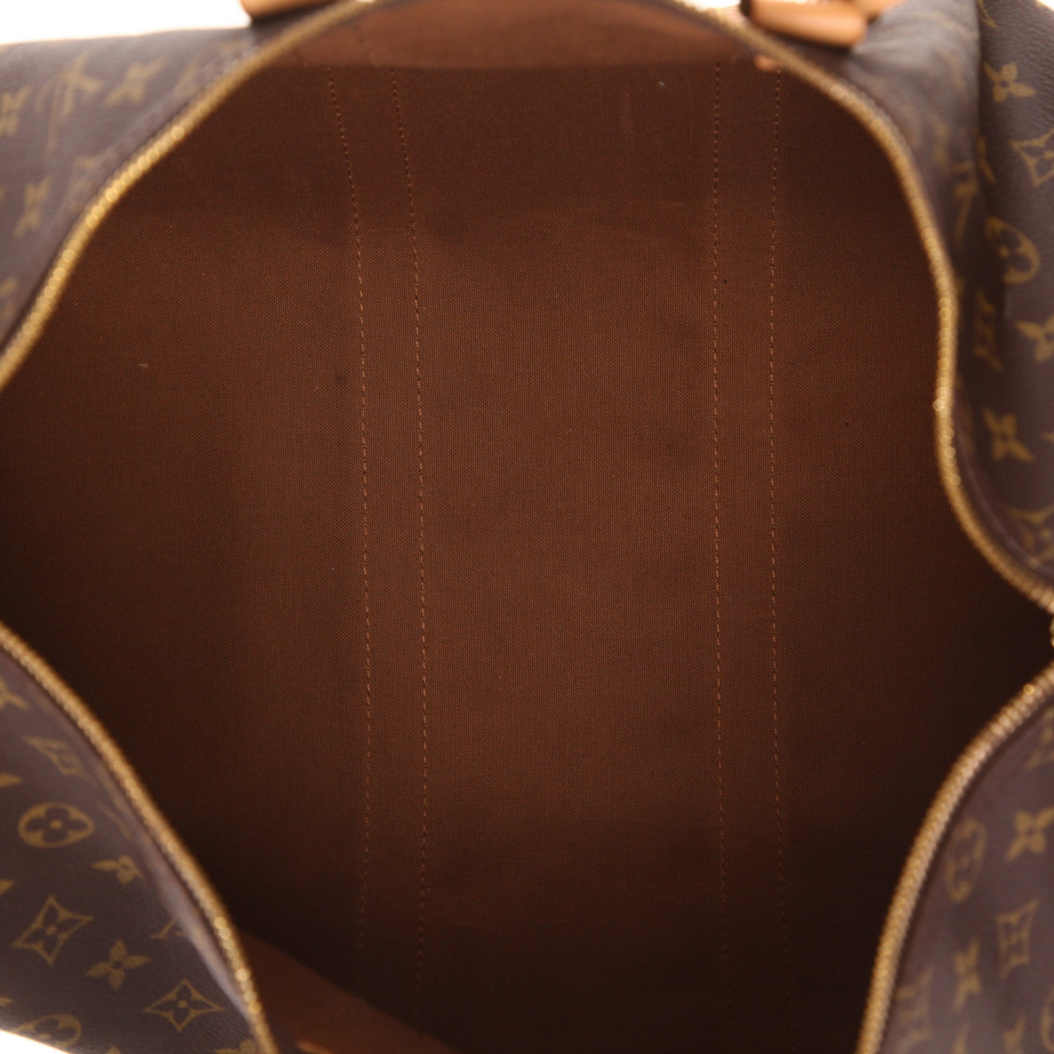 Bolsa de viaje Louis Vuitton Keepall 45 de lona Monogram marrón y piel natural - Detail D3