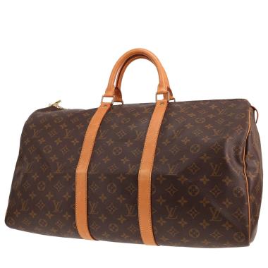 Bolsa de viaje Louis Vuitton Keepall 50 de lona Monogram marrón y cuero natural