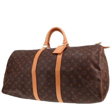 Borsa da viaggio Louis Vuitton Keepall 50 in tela Monogram marrone e pelle naturale