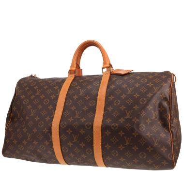 Bolsa de viaje Louis Vuitton Keepall 55 de lona Monogram marrón y piel natural