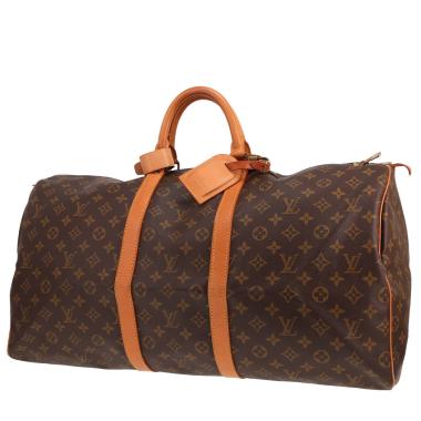 Bolsa de viaje Louis Vuitton Keepall 55 de lona Monogram marrón y piel natural