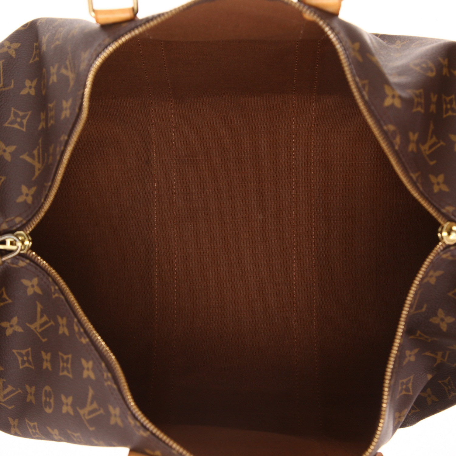 Borsa da viaggio Louis Vuitton Keepall 50 in tela Monogram marrone e pelle naturale - Detail D3