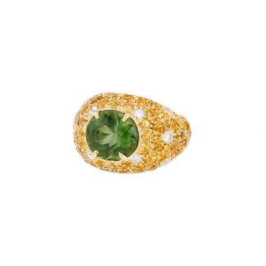 Anillo vintage de oro amarillo, turmalina, zafiros amarillos y diamantes