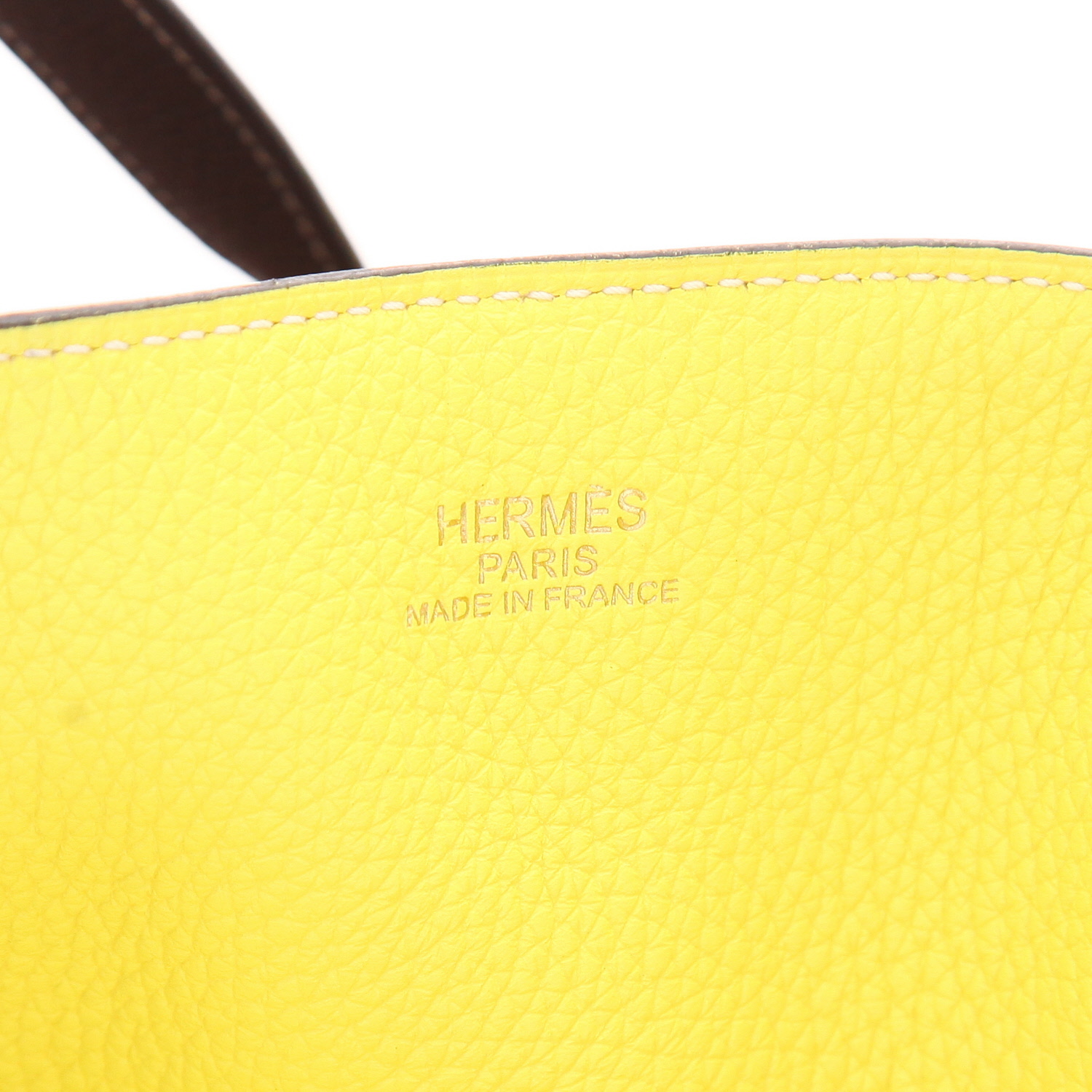 Hermès Double Sens tote bag in Cacao brown and Lime yellow Clemence calfskin - Detail D2