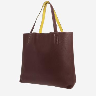 Sac cabas Hermès  Double Sens en cuir taurillon clémence marron Cacao et jaune Lime