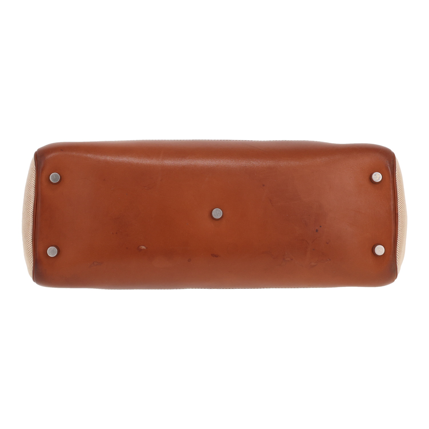 Bolso de mano Hermès «Atlas» de piel Barénia Fauve y lona beige - Detail D1