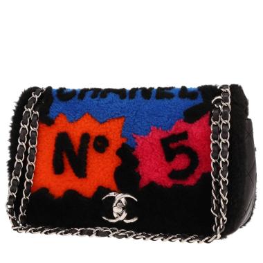 Borsa Chanel Timeless Jumbo in lana nera, blu e Orange e pelle nera