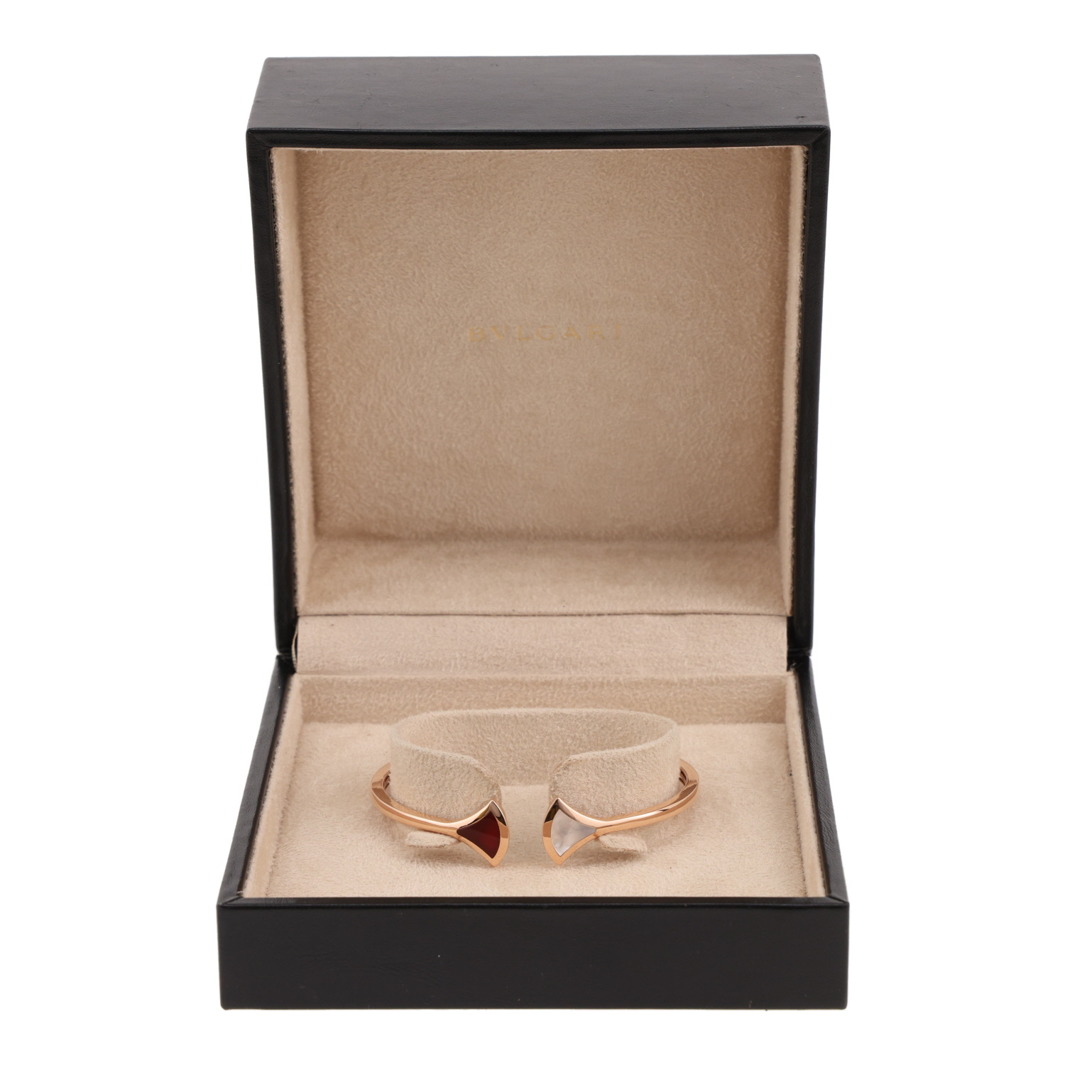 Bulgari Diva's Dream open bangle in rose gold, carnelian and mother-of-pearl