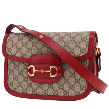 Borsa a tracolla Gucci 1955 Horsebit in tela GG Supreme beige e pelle rossa