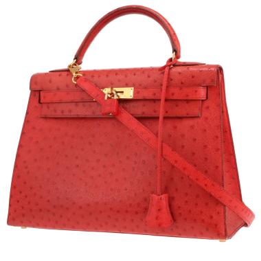 Borsa Hermès Kelly da 32 cm in pelle di struzzo rossa