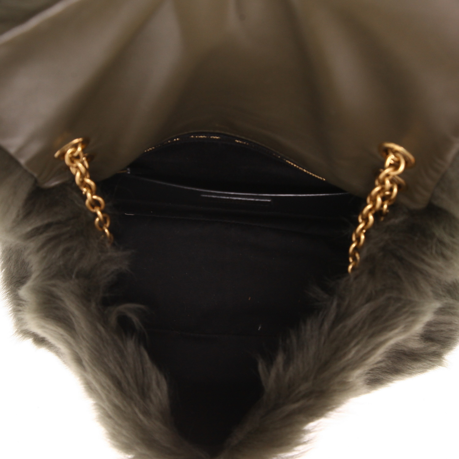 Saint Laurent Jamie handbag in green faux fur and green leather - Detail D3
