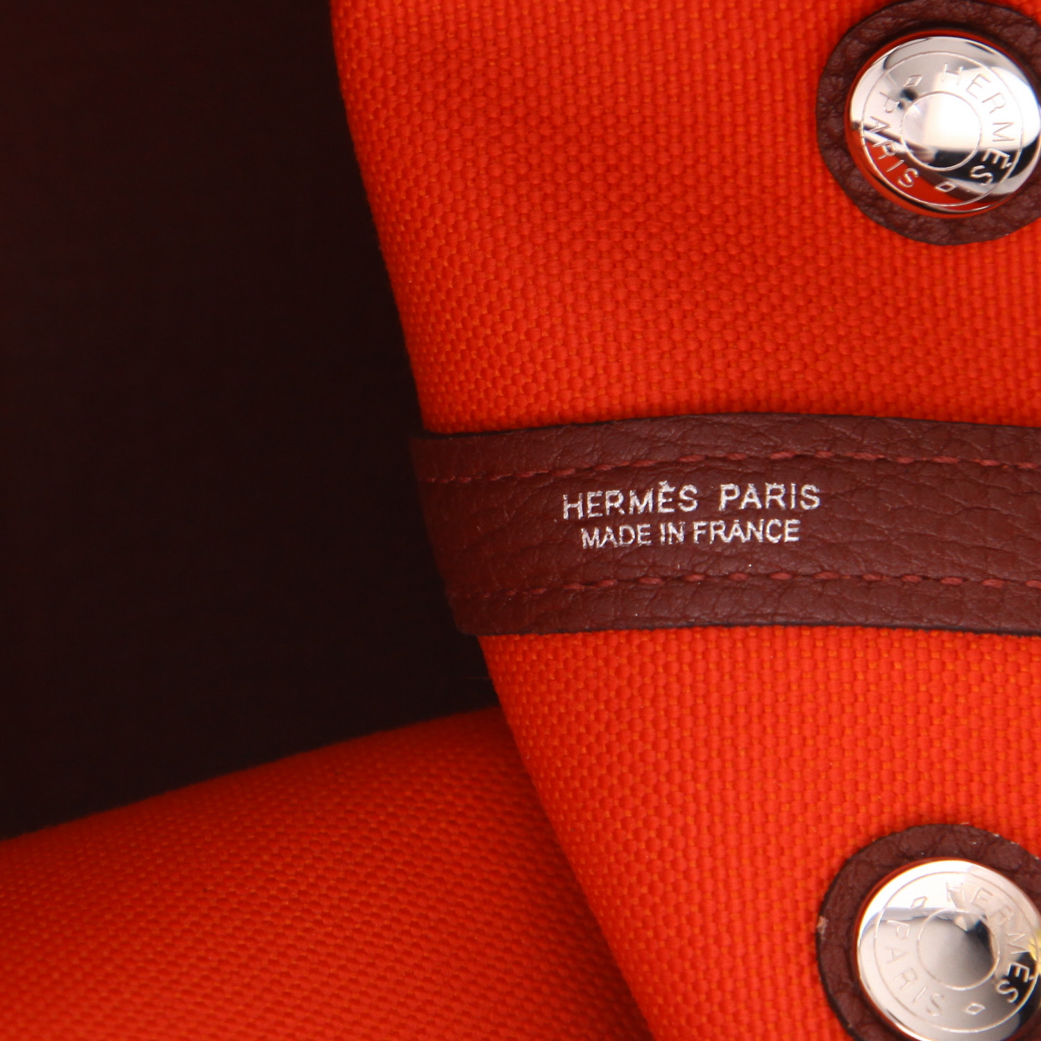 Hermès Garden Party 30 cm tote bag in Poppy orange canvas and red Rouge H leather - Detail D2
