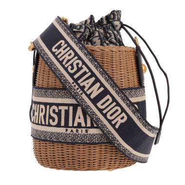 Bolso bandolera Dior «Bucket» de mimbre beige, lona y piel Bleu Marine