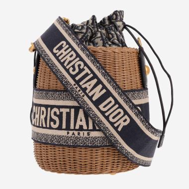 Sac bandoulière Dior  Bucket en osier beige et toile et cuir bleu-marine