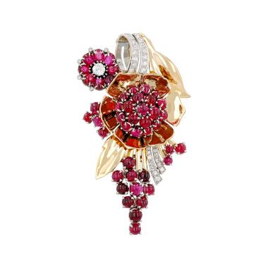 A semi-articulated 1950s Boucheron Paris brooch-pendant in yellow gold, platinum, synthetic rubies and diamonds