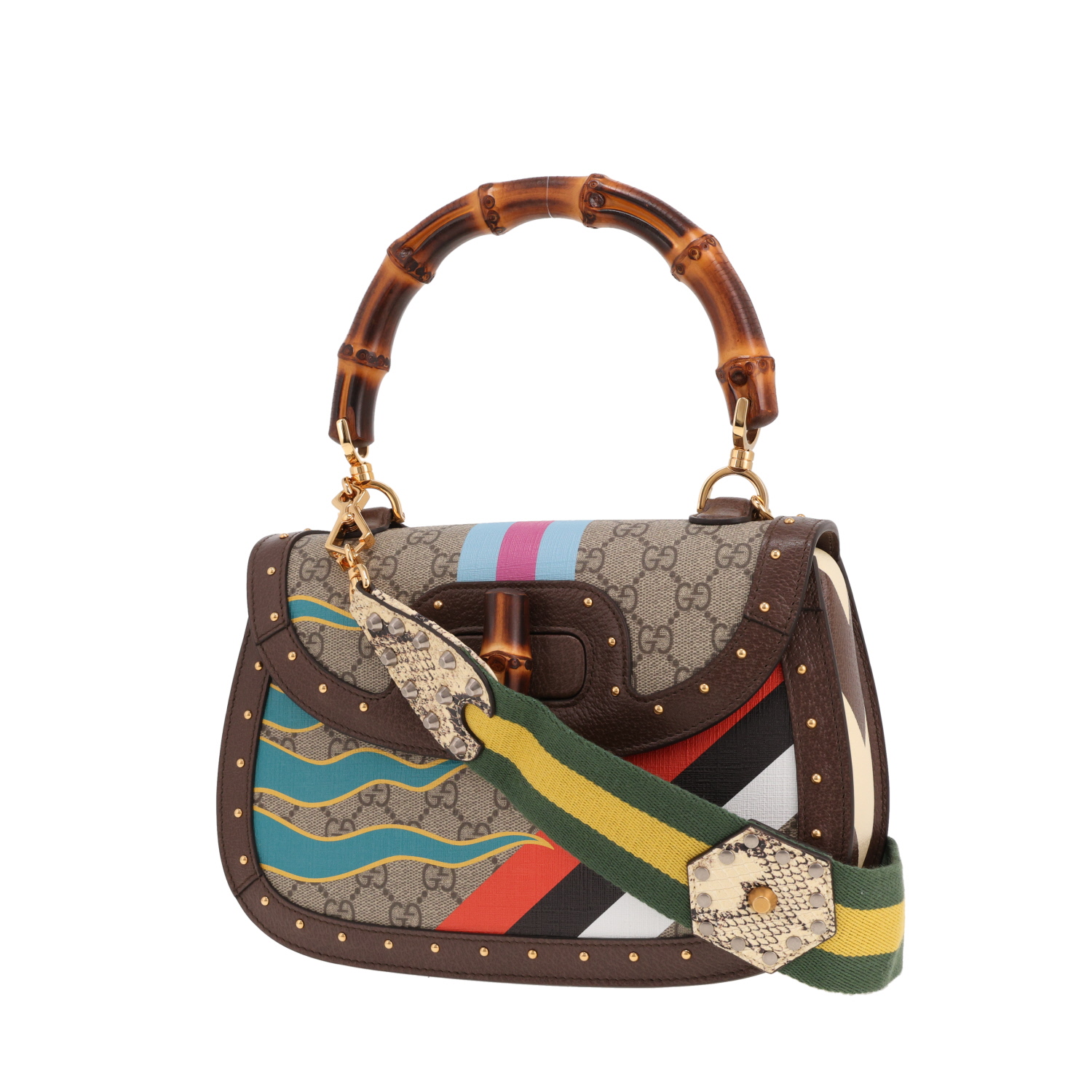 Bolso de mano Gucci Bamboo de lona GG Supreme marrón y piel marrón - Detail D4