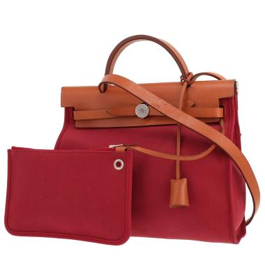 Hermès Herbag shoulder or handbag in red canvas and Hunter cowhide