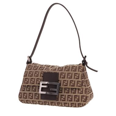 Fendi Mini Baguette handbag (small) in brown logo-printed canvas and brown leather