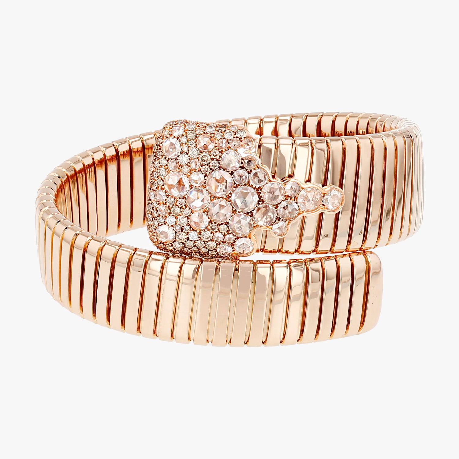 Bracelet manchette tubogaz Vintage en or rose, diamants blancs et diamants cognac