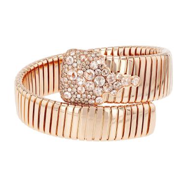Vintage tubogaz semi-rigid cuff bracelet in rose gold, white diamonds and cognac-coloured diamonds