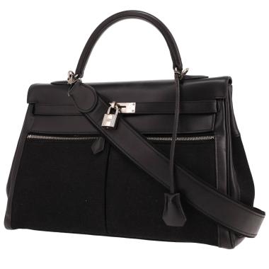 Sac à main Hermès  Kelly Lakis en cuir box noir et toile noire