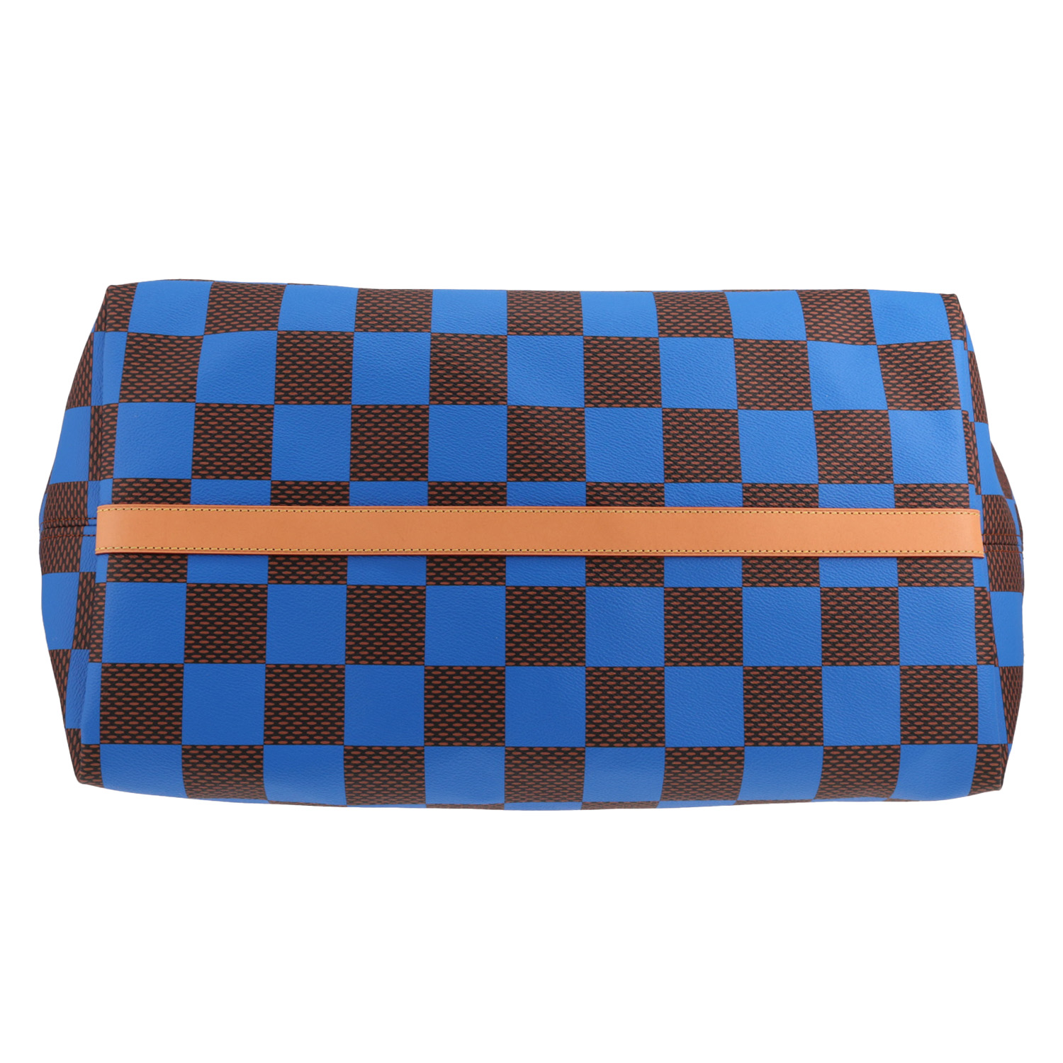 Borsa da viaggio Louis Vuitton in tela Damier marrone e blu e pelle naturale - Detail D1