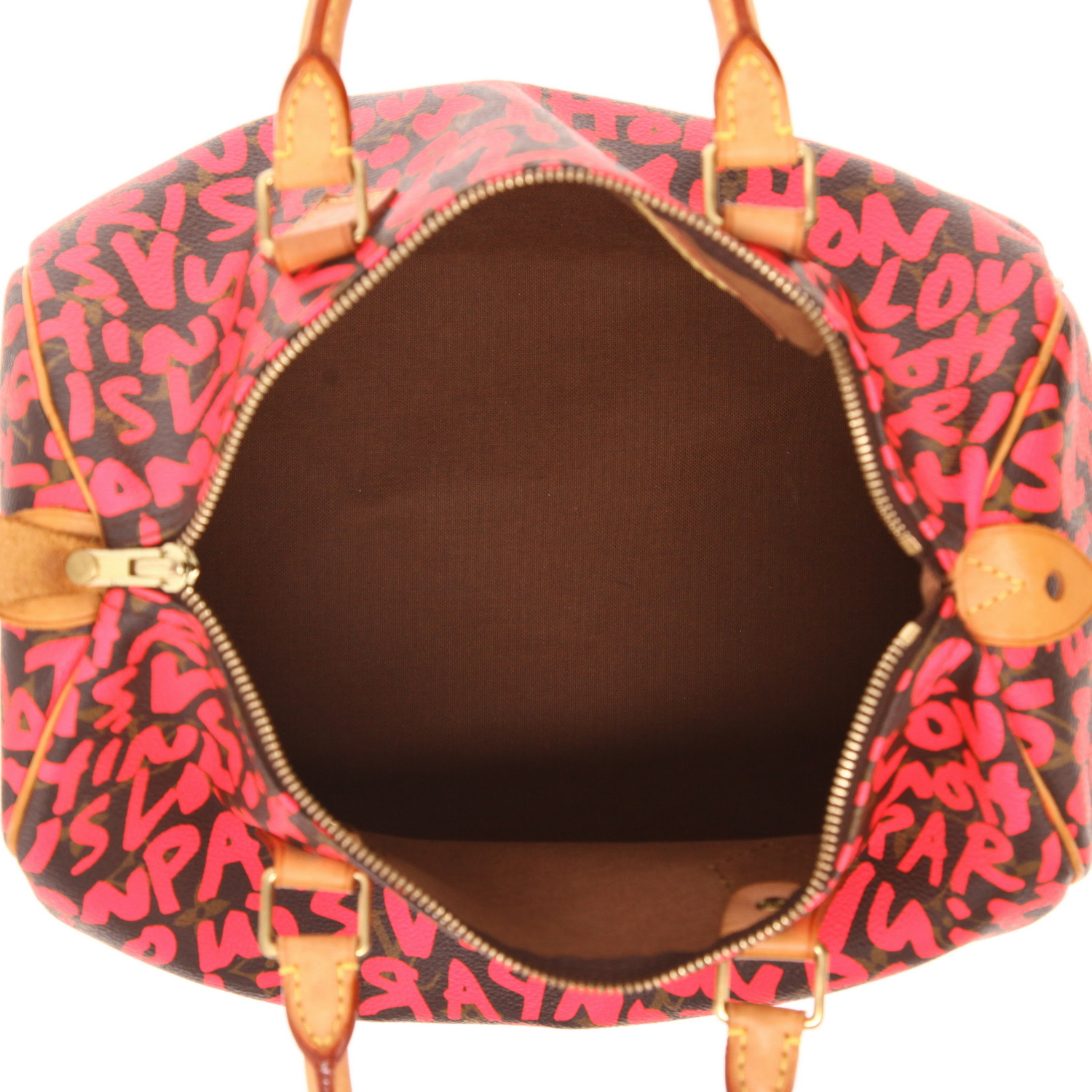 Sac à main Louis Vuitton  Speedy 30 Graffiti Editions Limitées en toile monogram marron et rose et cuir naturel - Detail D3