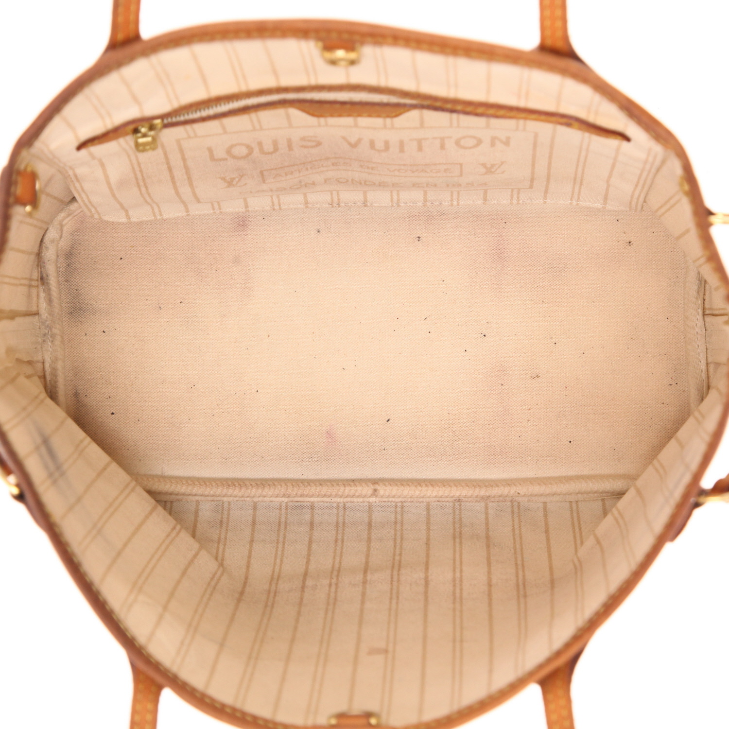 Sac cabas Louis Vuitton  Neverfull petit modèle  en toile damier azur et cuir naturel - Detail D3