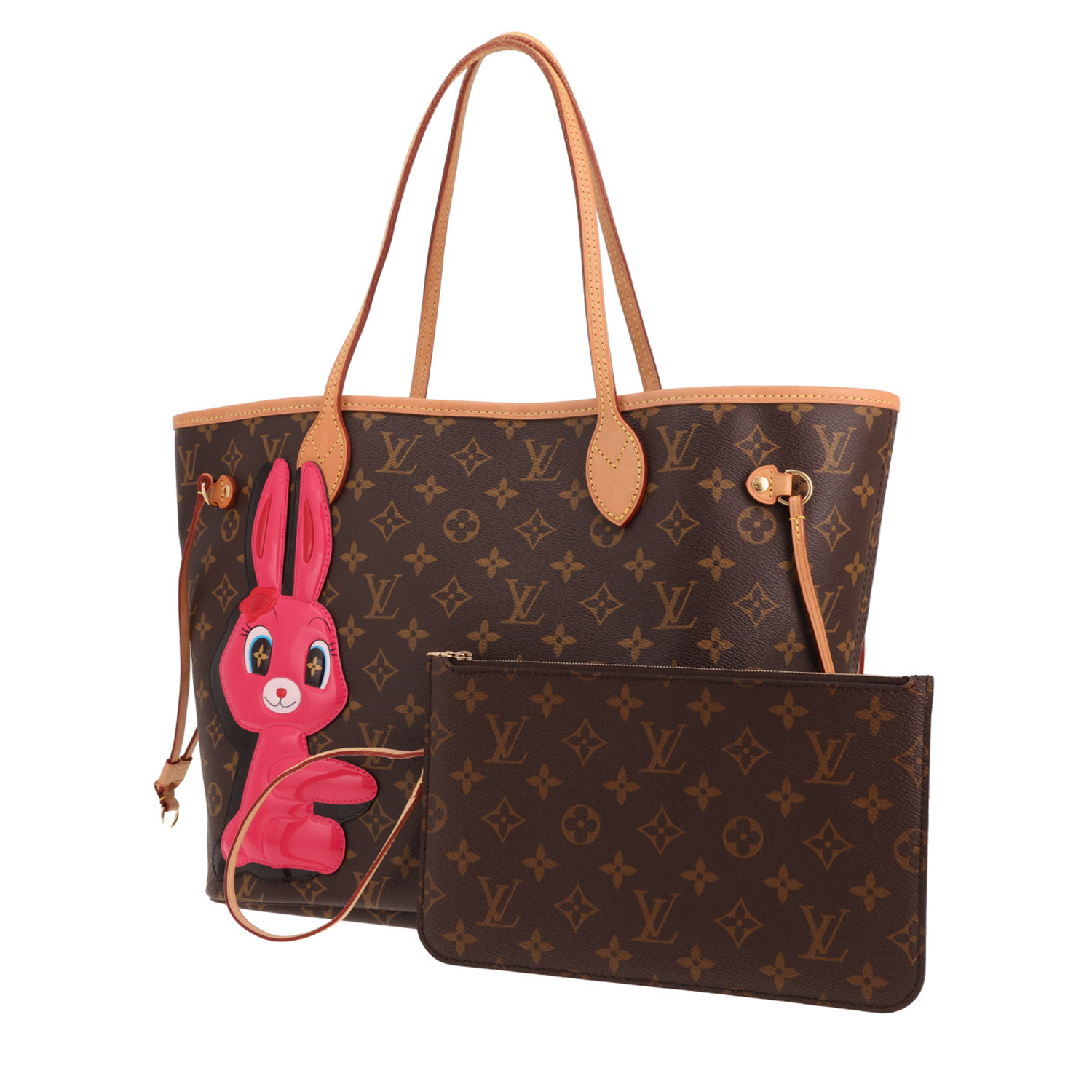 Sac cabas Louis Vuitton  Neverfull Editions Limitées en toile monogram marron et cuir naturel - Detail D4