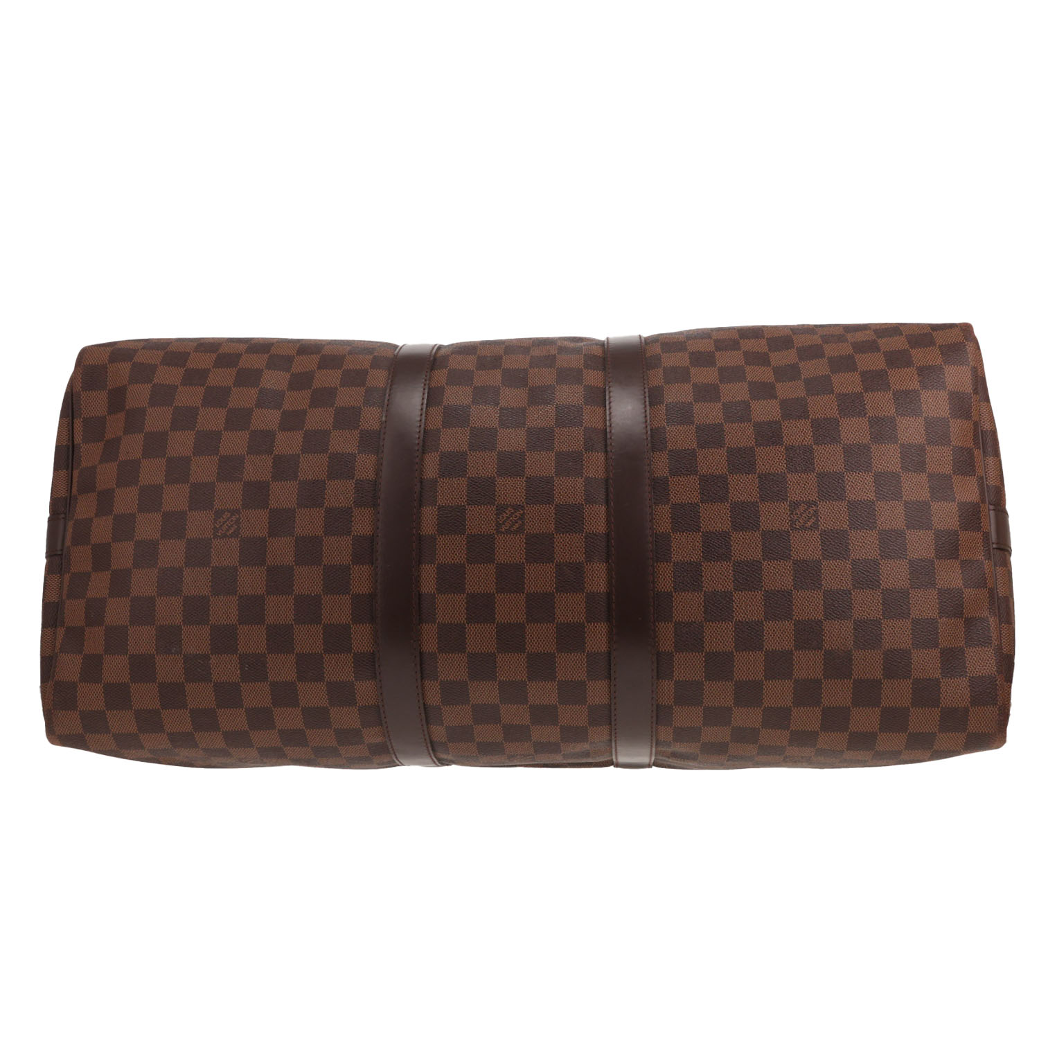 Louis Vuitton Keepall 55 travel bag in Ebène Damier canvas and brown leather - Detail D1