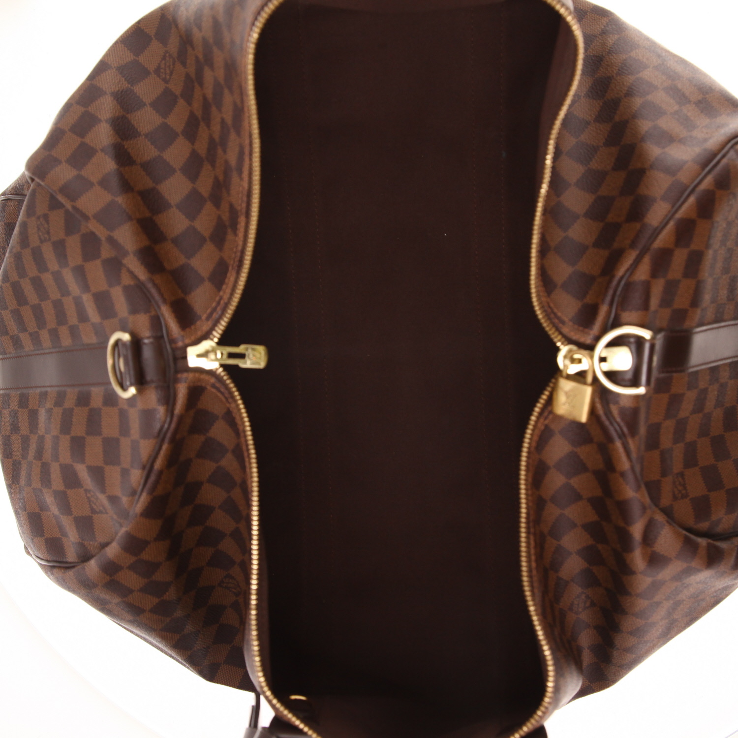 Bolsa de viaje Louis Vuitton Keepall 55 de lona Damier Ébène y piel marrón - Detail D3