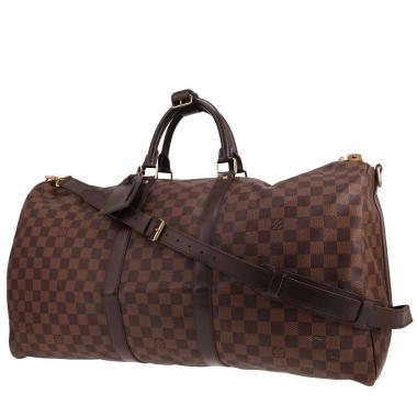 Bolsa de viaje Louis Vuitton Keepall 55 de lona Damier Ébène y piel marrón