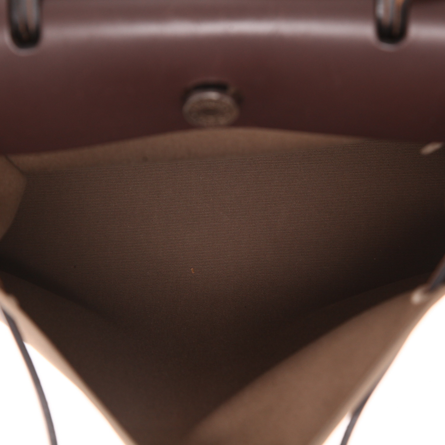 Hermès Herbag handbag in taupe canvas and brown leather - Detail D3