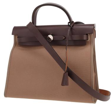 Bolso Hermès «Herbag» de lona color topo y piel marrón