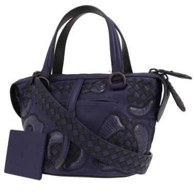 Sac à main Bottega Veneta  Tambura en cuir tressé bleu et noir et python bleu
