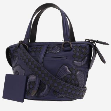 Sac à main Bottega Veneta  Tambura en cuir tressé bleu et noir et python bleu