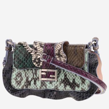 Sac bandoulière Fendi  Mini Baguette en serpent d'eau multicolore vert bleu et rose