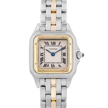 Reloj Cartier Panthère, modelo pequeño, de oro y acero. Ref.: Cartier - 66921. Hacia 1990