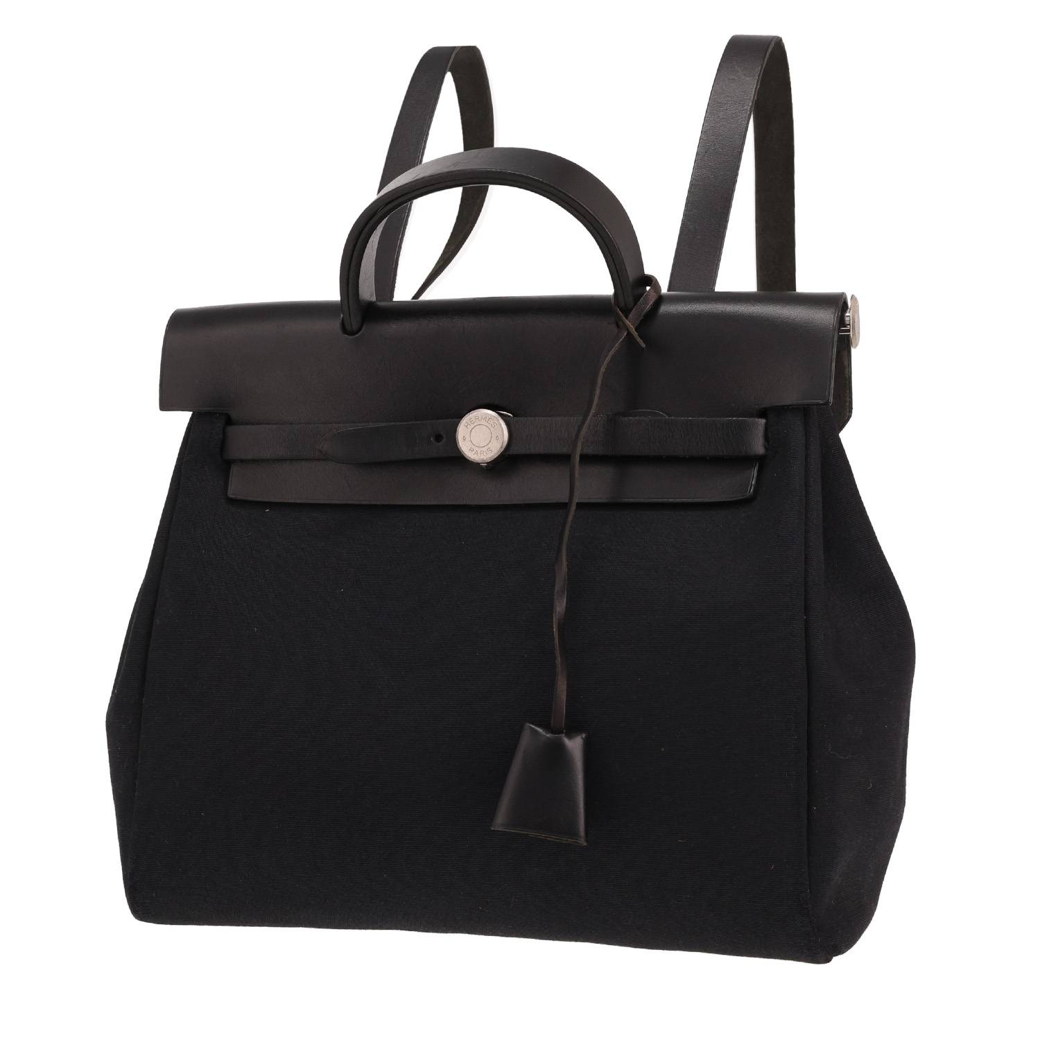 Sac à dos Hermès Herbag - Backpack en toile noire et cuir noir