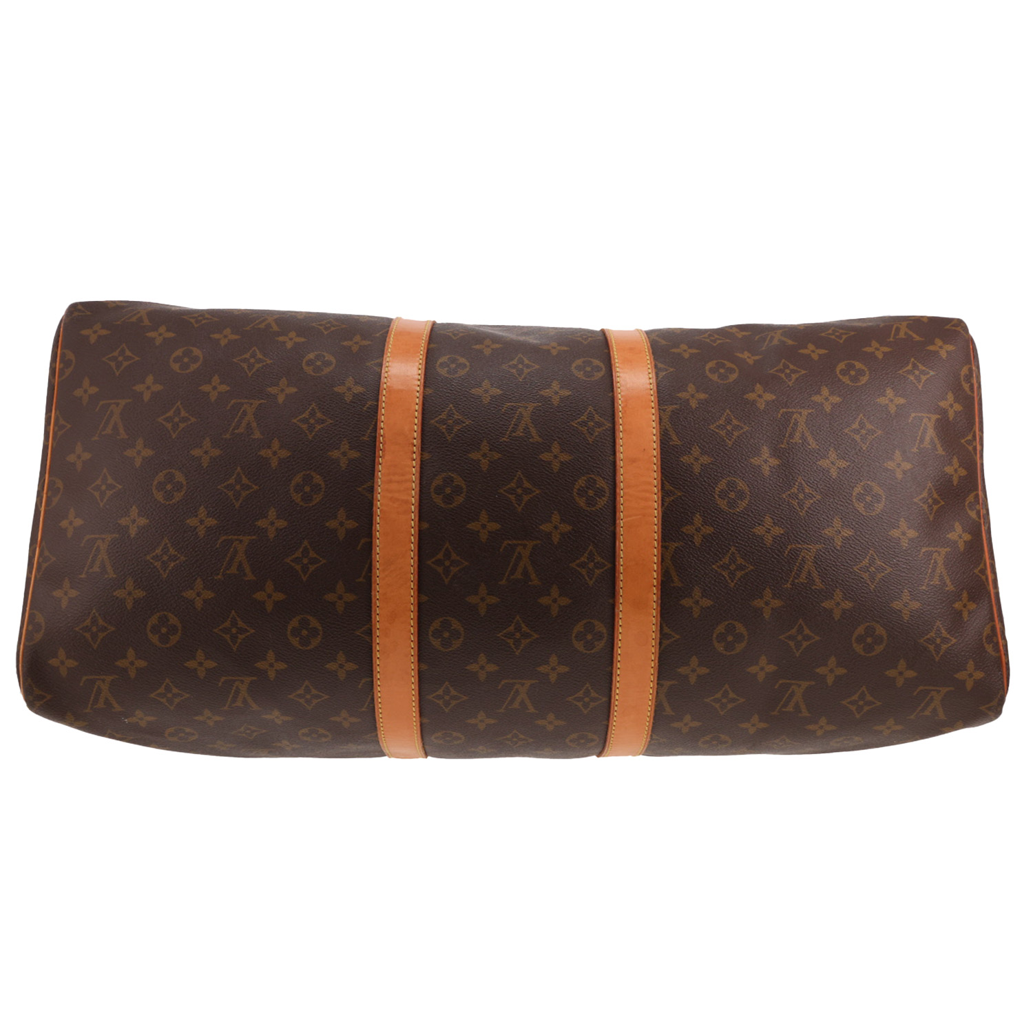 Bolsa de viaje Louis Vuitton Keepall 55 de lona Monogram marrón y piel natural - Detail D1