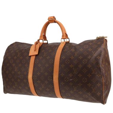 Bolsa de viaje Louis Vuitton Keepall 55 de lona Monogram marrón y piel natural