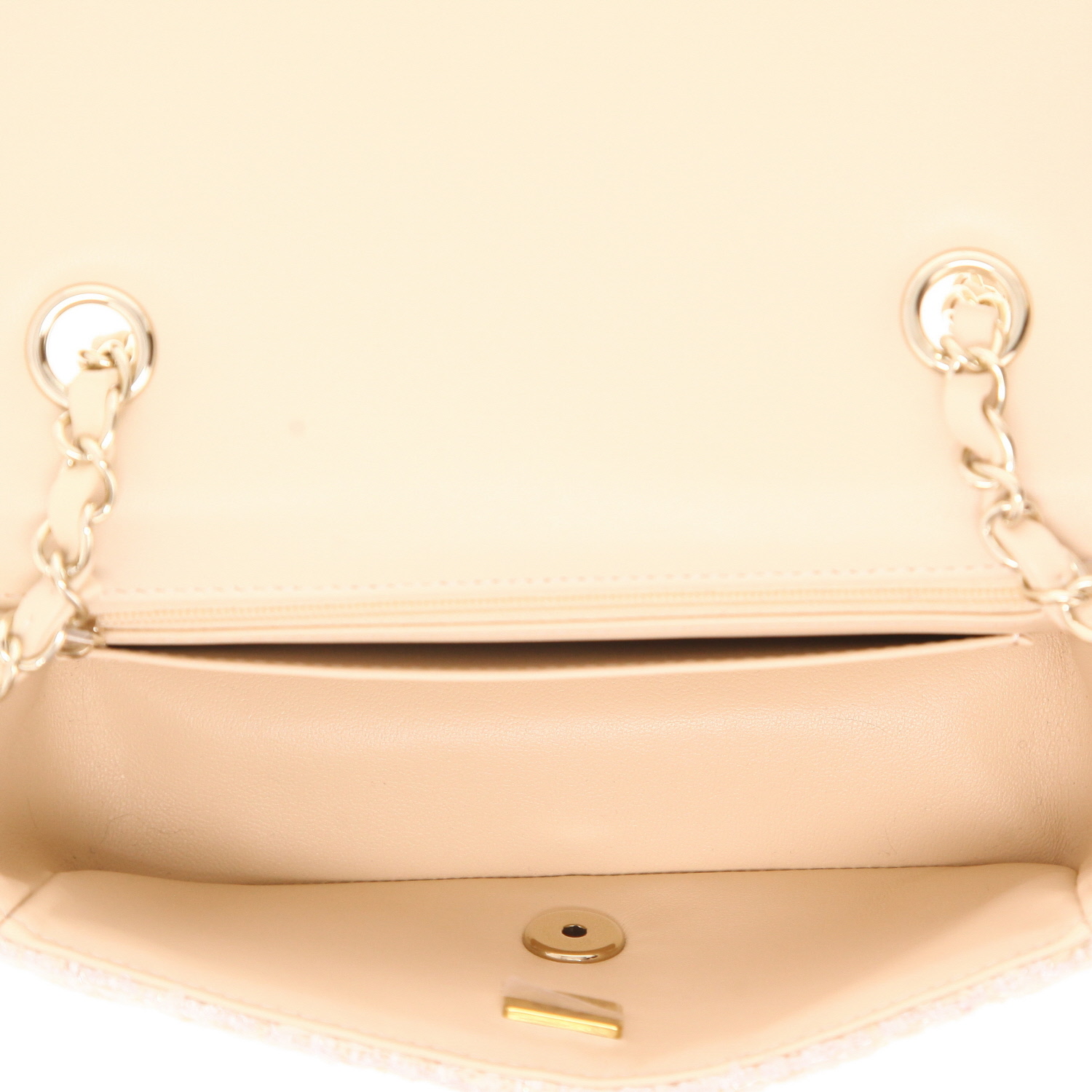 Borsa a tracolla Chanel Timeless Mini in tweed beige e bianco - Detail D3