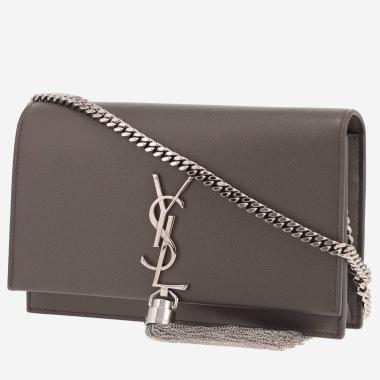 Sac bandoulière Saint Laurent  Kate Pompon en cuir grainé gris