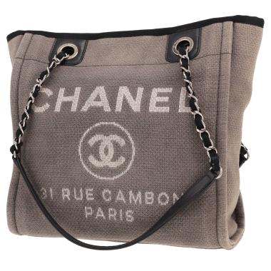 Sac cabas Chanel  Deauville en toile enduite grise et cuir noir
